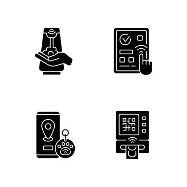 Temassız teknoloji siyah kabartma sembolleri beyaz uzaya yerleştirildi. Birçok yüzeyle teması azaltmak için öngörülebilir dokunmatik teknoloji. Dikkatsiz ATM. Siluet sembolleri. Vektör izole illüstrasyonu