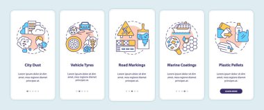 Mikroplastik kaynaklar mobil uygulama sayfası ekranında kavramlarla birlikte. Şehir tozu, 5 adımlık grafik talimatları inceliyor. Araç lastikleri. RGB renk resimleriyle UI vektör şablonu