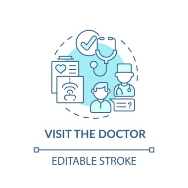 Doktor mavi konsept ikonunu ziyaret edin. Terapist randevusu. Ana bakım, pratisyen hekim. Aile doktoru ince çizgiler çiziyor. Vektör izole edilmiş RGB renk çizimi. Düzenlenebilir vuruş