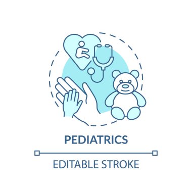 Pediatri mavi konsept ikonu. Çocuk sağlığı hizmetleri. Çocuklar için profesyonel klinik desteği. Aile doktoru ince çizgiler çiziyor. Vektör izole edilmiş RGB renk çizimi. Düzenlenebilir vuruş