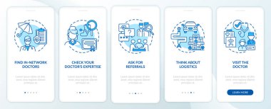 Birincil bakım doktoru seçilirse mavi, mobil uygulama sayfası ekranına konseptlerle birlikte bahşiş bırakır. Hekim, 5 aşamalı grafik talimatları inceliyor. UI, UX, doğrusal renk çizimleri olan GUI vektör şablonu