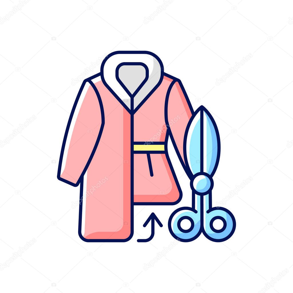 Fur repair and alterations RGB color icon. Workshop to fix coat length. Professional tailor studio. Outerwear resizing. Garment restoration. Clothing production services. Isolated vector illustration