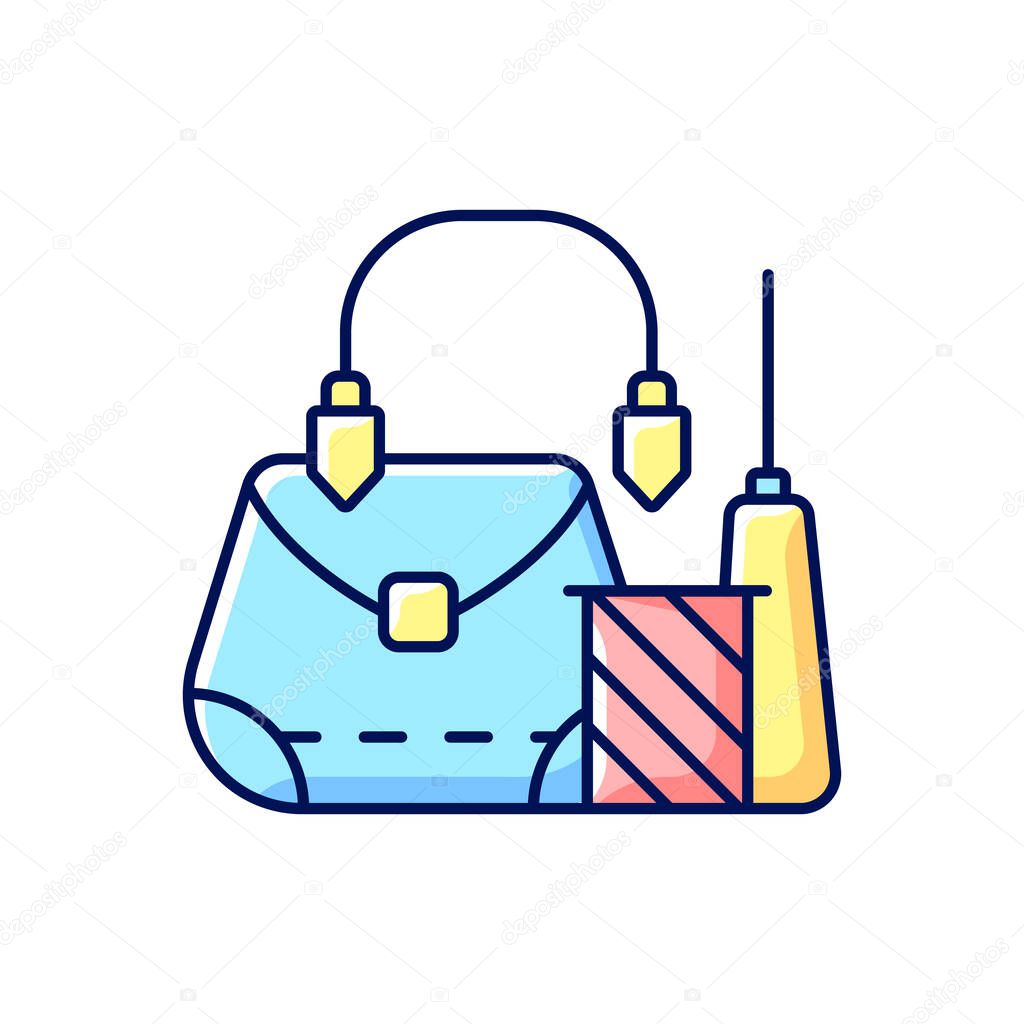 Leather accessories repair RGB color icon. Handbag fixing. Bag manual production. Tailor workshop. Garment restoration. Clothing alteration and repair services. Isolated vector illustration