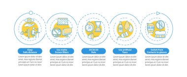 Dijital göz iltihabı önleme vektör bilgi şablonunu belirler. Mesafe tasarım elementlerini koru. Veri görselleştirmesi 5 adımda. Zaman çizelgesi. Doğrusal simgelerle çalışma akışı düzeni