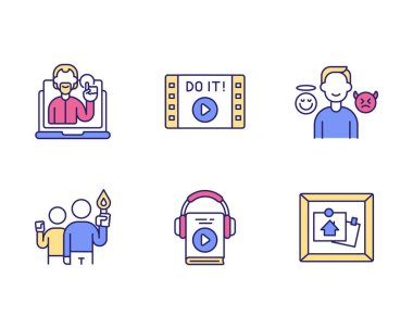 Motivasyon içeriği RGB renk simgeleri ayarlandı. Seyirciler için motivasyon konferansı. İlham verici podcastları ve sesli kitapları dinliyorum. Motivasyon ve ilham. İzole vektör çizimleri