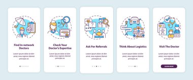 Mobil uygulama sayfası ekranında konseptlerle birincil bakım doktoru önerileri seçiliyor. Hekim, 5 aşamalı grafik talimatları inceliyor. UI, UX, doğrusal renk çizimleri olan GUI vektör şablonu