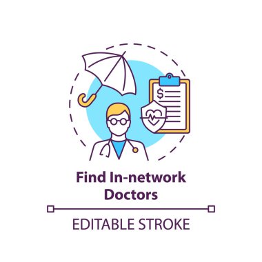 Ağ içi doktorların konsept simgesini bul. Sağlık sigortası. Tıbbi yardım için sözleşme. Aile doktoru ince çizgiler çiziyor. Vektör izole edilmiş RGB renk çizimi. Düzenlenebilir vuruş