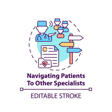 Hastaları diğer uzman konsept ikonuna yönlendirmek. Pratisyen hekim. Hastane terapisti. Aile doktoru ince çizgiler çiziyor. Vektör izole edilmiş RGB renk çizimi. Düzenlenebilir vuruş