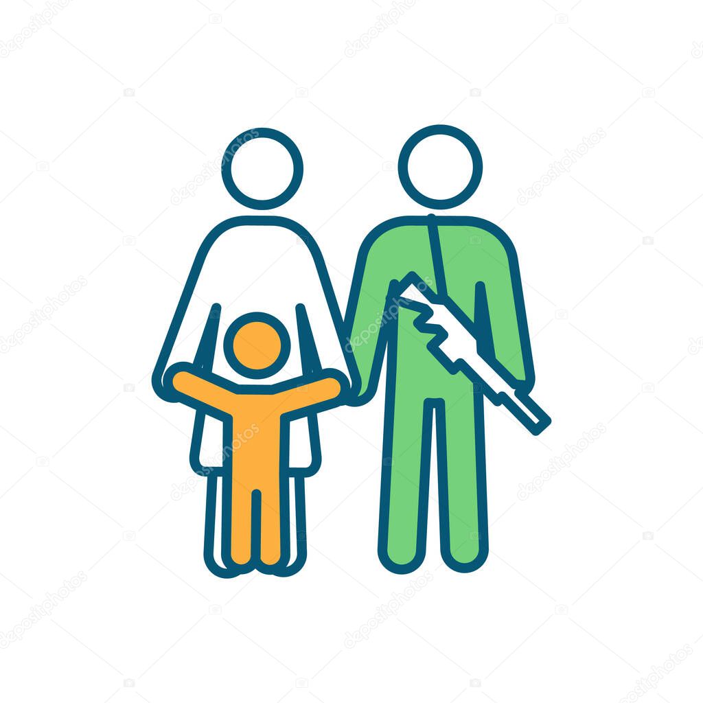 Military family RGB color icon. Wartime veteran. Coming home from deployment. Military parent, spouse. Receiving life insurance policy. Poor mental health risk. Isolated vector illustration