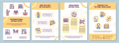 Uluslararası randevu siteleri broşürü. Utangaç mısın yoksa meşgul müsün? Broşür, broşür, broşür baskısı, doğrusal simgelerle kaplama tasarımı. Sunum için vektör düzenleri, yıllık raporlar, reklam sayfaları