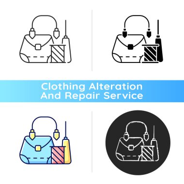 Deri aksesuarlar siyah doğrusal ikonu onarır. El çantası tamiri. Torba manuel üretimi. Kıyafet değiştirme ve tamir hizmetleri. Beyaz uzayda ana hat sembolü. Vektör izole illüstrasyonu