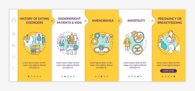 Diyet vektör şablonu için önlemler. Amenoroz ve kısırlık. Hamilelik ve emzirme. Simgeli ilgili mobil web sitesi. Web sayfası basamak ekranları. RGB renk kavramı