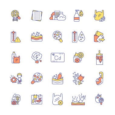 Mikro plastik RGB renk simgeleri ayarlandı. Çevresel zorluklar. Plastiğin mikrogranüler kirlenmesi. Çevreye zararlı emisyonlar. Küresel ısınma İzole vektör çizimleri