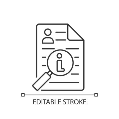 Bilgi simgesi doğrusal simgesi. Piyasa düzenlemesi. Gözetleme işi. Komisyon hizmetleri. İnce çizgi özelleştirilebilir illüstrasyon. Contour sembolü. Vektör izole çizim. Düzenlenebilir vuruş