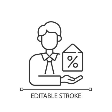 İpotek komisyoncusu doğrusal simgesi. Kredi danışmanı. Pişirme ve finansal planlama üzerine danışmanlık. İnce çizgi özelleştirilebilir illüstrasyon. Contour sembolü. Vektör izole çizim. Düzenlenebilir vuruş