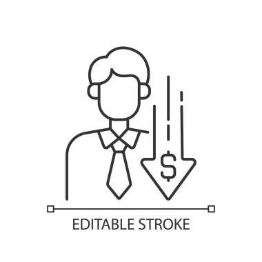 İndirim simgesi doğrusal simgesi. Düşen fiyat. Maliyet düşüşü. Finansal durgunluk. Ekonomik hata. İnce çizgi özelleştirilebilir illüstrasyon. Contour sembolü. Vektör izole çizim. Düzenlenebilir vuruş