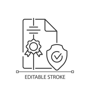 Fikri mülkiyet komisyoncusu doğrusal simgesi. Genel sigorta için anlaşalım. Yasama hizmetleri. İnce çizgi özelleştirilebilir illüstrasyon. Contour sembolü. Vektör izole çizim. Düzenlenebilir vuruş