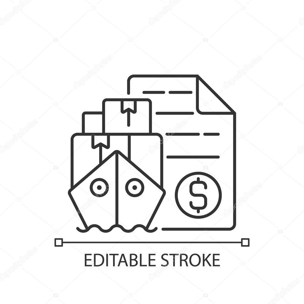 Shipping and freight broker linear icon. Comission cargo delivery. Financial deal importing goods. Thin line customizable illustration. Contour symbol. Vector isolated outline drawing. Editable stroke