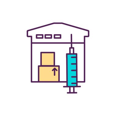 Aşı dağıtımı RGB renk simgesi. İlk dozu alıyorum. Teslimat işlemi. Bağışıklık sistemi uyarısı. Yerel sağlık görevlileri ve hastaneler. Kaynaklar ve kapasite. İzole vektör illüstrasyonu