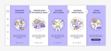 Acil durum göz muayenesi için vektör şablonu. Travmatik göz yaralanması. Yabancı cisim ya da kimyasal yanık. Simgeli ilgili mobil web sitesi. Web sayfası basamak ekranları. RGB renk kavramı