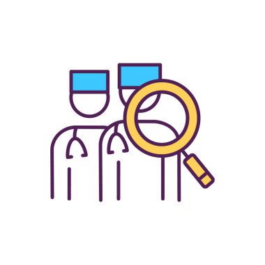 Aile doktoru RGB renk simgesi seçin. Hastanın uzmanına başvurun. Pratisyen hekim. İlkokul doktoru. Klinik yardım. Tıbbi bakım hizmetlerini arayın. İzole vektör illüstrasyonu