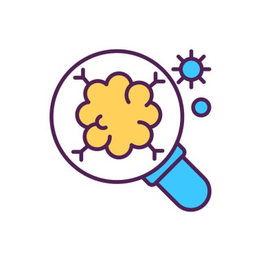 Mikrobiyoloji araştırması RGB renk simgesi. Mikroorganizma analiz ediliyor. Büyüteç altında bakteri. Laboratuvar testi. Biyokimya ve tıp. Bağışıklık sistemi incelemesi. İzole vektör illüstrasyonu