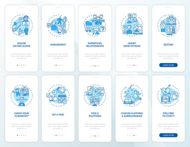 Çevrimiçi flört dolandırıcılığı konseptli mobil uygulama sayfası ekranında. Flört sitesinde taciz. 10 adımlık grafik talimatlar. UI, UX, doğrusal renk çizimleri olan GUI vektör şablonu
