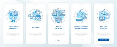 Mobil uygulama sayfasında konseptli video randevu ipuçları. Konuşmak için 5 adımlık grafik talimatları seçin. UI, UX, doğrusal renk çizimleri olan GUI vektör şablonu