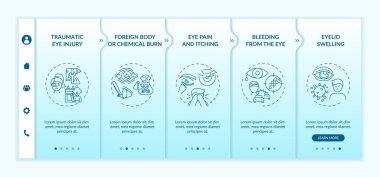 Acil durum göz muayenesi için vektör şablonu. Gözü kanıyor. Göz ağrısı ve kaşıntı. Simgeli ilgili mobil web sitesi. Web sayfası basamak ekranları. RGB renk kavramı