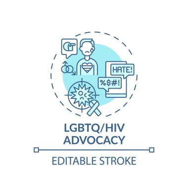 LGBTQ ve HIV savunuculuğu kavramı simgesi. Yasal hizmet tipleri. Sorunlu insanlar için yasal temsil ince çizgi çizimi. Vektör izole edilmiş RGB renk çizimi. Düzenlenebilir vuruş