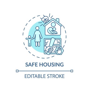 Güvenli konut kavramı simgesi. Aile içi şiddet mağdurları destek veriyor. İnsanların evlerini yok edilmekten korumak için ince çizgili çizgiler çiziyorlar. Vektör izole edilmiş RGB renk çizimi. Düzenlenebilir vuruş