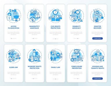 Hukuki hizmetler mobil uygulama sayfası ekranında kavramlarla birlikte. Eğitim sistemine giriş. 10 adım grafik talimatlar. UI, UX, doğrusal renk çizimleri olan GUI vektör şablonu