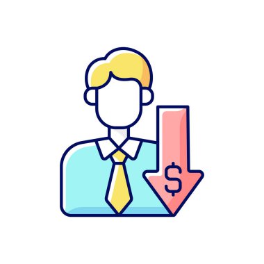 İndirimli broker RGB renk simgesi. Düşen fiyatlar. Maliyet düşüşü. Finansal durgunluk. Ekonomik hata. Sorunlu bir iş adamı. İflas ve para krizi. İzole vektör illüstrasyonu