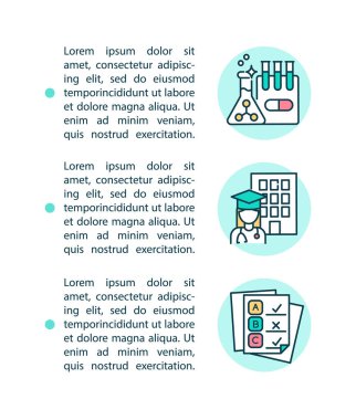 Tıp fakülteleri ve lisans sınavları metinli konsept satır simgeleri. Kopya uzayı ile PPT sayfa vektör şablonu. Broşür, dergi, gazete tasarımı. Beyazın doğrusal çizimlerini test et