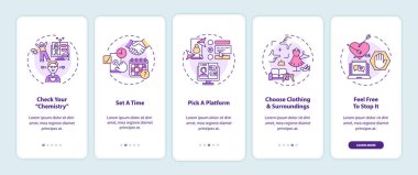 Mobil uygulama sayfasında konseptli video randevu ipuçları. Konuşmak için 5 adımlık grafik talimatları seçin. UI, UX, doğrusal renk çizimleri olan GUI vektör şablonu