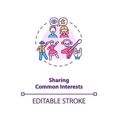 Ortak kavram ikonu ile ortak çıkarları paylaşmak. Dışarı çıkmak ve boş zaman fikirlerini ince çizgi çizerek harcamak. Dans ve müzik tercihleri vektör izole edilmiş RGB renk çizimi. Düzenlenebilir vuruş