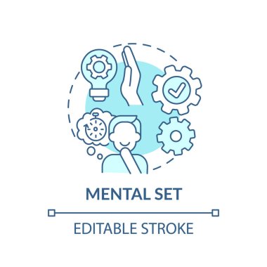 Zihinsel set mavi konsept simgesi. Problem çözme becerileri. Analitik düşünme sorunu. Zihinsel engelleme fikri ince çizgi çizimi. Vektör izole edilmiş RGB renk çizimi. Düzenlenebilir vuruş