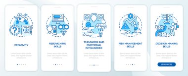 Problem çözme becerileri kavramlı mobil uygulama sayfası ekranında mavi. Karar, 5 aşamalı grafik talimatları gözden geçirmek. UI, UX, doğrusal renk çizimleri olan GUI vektör şablonu