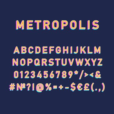 Metropolis klasik 3d vektör alfabesi seti. Retro kalın yazı tipi, yazı tipi. Pop sanatının stilize harfleri. Eski usul harfler, sayılar, semboller. 90 'lar, 80' ler yaratıcı yazı tipi tasarım şablonu