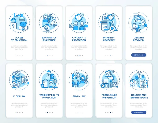 Hukuki hizmetler mobil uygulama sayfası ekranında kavramlarla birlikte. Eğitim sistemine giriş. 10 adım grafik talimatlar. UI, UX, doğrusal renk çizimleri olan GUI vektör şablonu