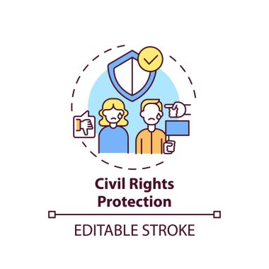 İnsan Hakları Koruma Konsepti ikonu. Yasal hizmet tipleri. Fikirlere ince çizgiler çizen kanunların ve kuralların hukuki koruması. Vektör izole edilmiş RGB renk çizimi. Düzenlenebilir vuruş