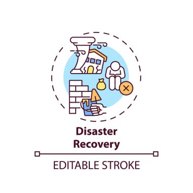 Felaket kurtarma konsepti ikonu. Yasal hizmet tipleri. Doğal afet sonrası düzeltme süreci ince çizgi çizimi. Vektör izole edilmiş RGB renk çizimi. Düzenlenebilir vuruş