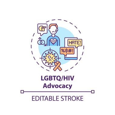 LGBTQ ve HIV savunuculuğu kavramı simgesi. Yasal hizmet tipleri. AIDS 'li insanlar için yasal temsil ince çizgi çizimi. Vektör izole edilmiş RGB renk çizimi. Düzenlenebilir vuruş