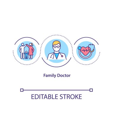 Aile doktoru konsepti ikonu. Tüm aile fertleri için özel tıbbi yardım. Hastalıkları tedavi etmek ince çizgiler çizmektir. Vektör izole edilmiş RGB renk çizimi. Düzenlenebilir vuruş
