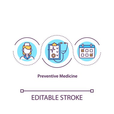 Koruyucu tıp konsepti ikonu. Tıbbi uzmanlık alanı bireylerin ve toplulukların sağlığına odaklandı. Tıbbî fikir ince çizgi çizimi. Vektör izole edilmiş RGB renk çizimi. Düzenlenebilir vuruş