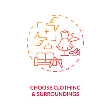 Kıyafet seç, çevre konsepti simgesi seç. İlk görüntülü arama tarihi fikri ince çizgi illüstrasyonunda başarılı oldu. Giyinirken, ev vektörü izole edilmiş RGB renk çiziminde yer bulun