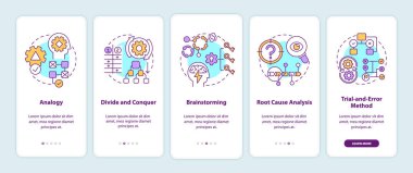 Mobil uygulama sayfası ekranında kavramlarla ilgili stratejileri çözme sorunu. Yaratıcı düşünce 5 aşamalı grafik talimatlar. UI, UX, doğrusal renk çizimleri olan GUI vektör şablonu