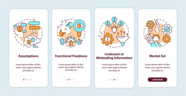 Mobil uygulama sayfası ekranındaki engelleri kavramlarla çözme sorunu. Zihinsel engelleme 5 aşamalı grafik talimatlar. UI, UX, doğrusal renk çizimleri olan GUI vektör şablonu