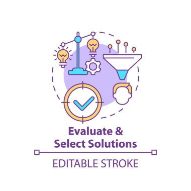 Çözüm konsepti simgesini değerlendir ve seç. Karar verme, ilerleme adımı. Yaratıcılığı geliştir. Fikir çözme problemi ince çizgi çizimi. Vektör izole edilmiş RGB renk çizimi. Düzenlenebilir vuruş