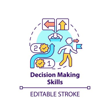 Karar verme becerileri konsepti ikonu. Analitik düşünme, değerlendirme ve çözüm bulma. Fikir çözme problemi ince çizgi çizimi. Vektör izole edilmiş RGB renk çizimi. Düzenlenebilir vuruş